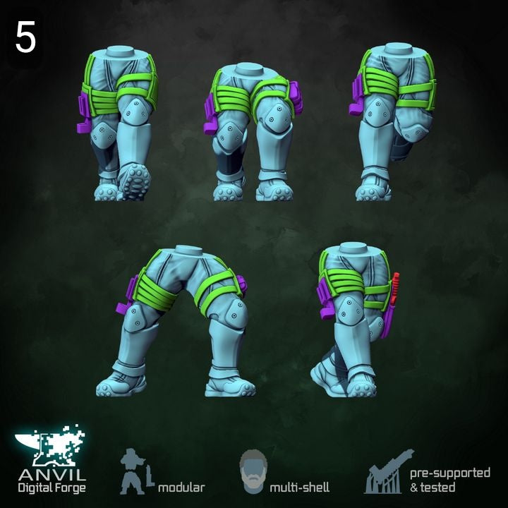 Set of modular armor pieces with green and purple accents on a dark background, featuring the Anvil Digital Forge logo.