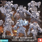 Scifi modular kit of Lady Berserker figures with 'Across the Realms' branding.