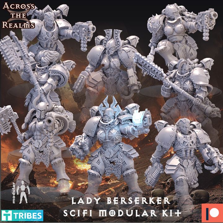 Scifi modular kit of Lady Berserker figures with 'Across the Realms' branding.