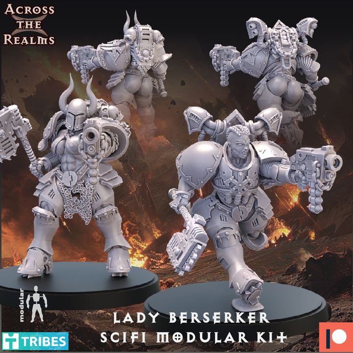 Scifi modular kit of Lady Berserker figures with 'Across The Realms' branding.