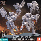 Scifi modular kit of Lady Berserker figures with a fiery background