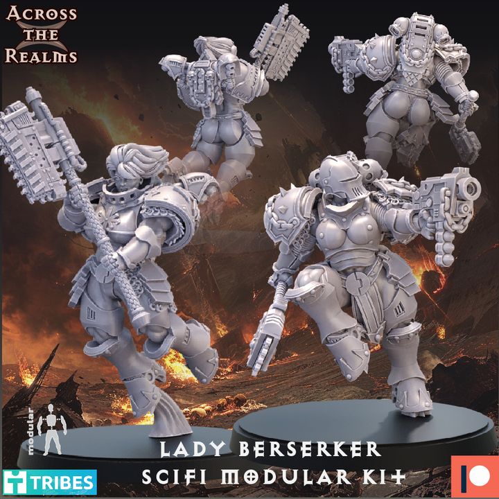 Scifi modular kit of Lady Berserker figures with a fiery background