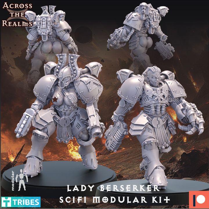 Scifi modular kit of a Lady Berserker with a dark, fiery background.