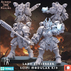 Scifi modular kit of Lady Berserker figures with fiery background
