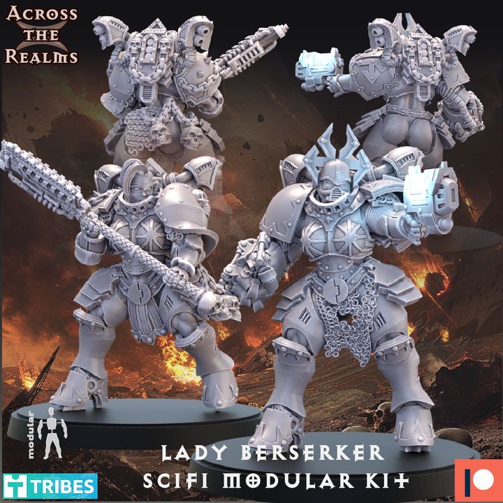 Scifi modular kit of Lady Berserker figures with fiery background