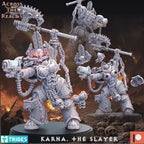 Warhammer figurine set with 'Karna, The Slayer' on a dark background