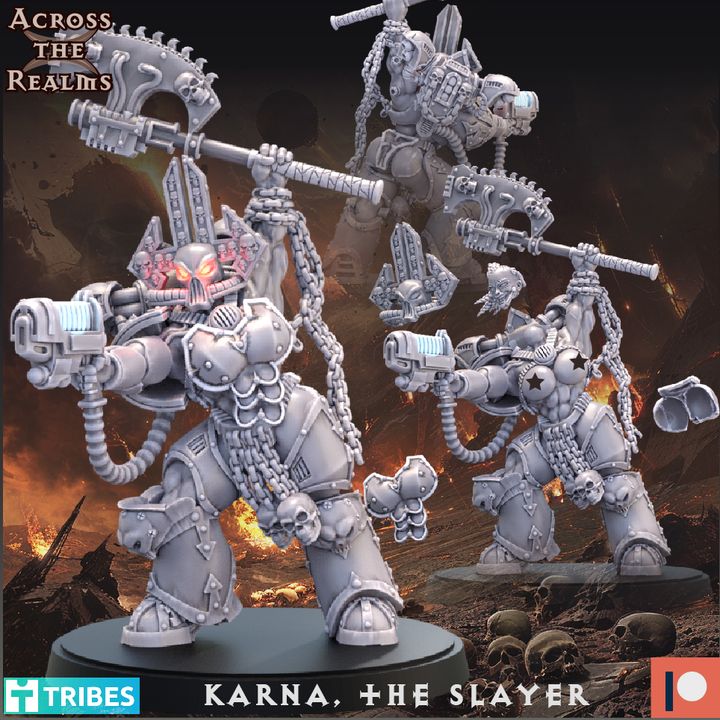 Warhammer figurine set with 'Karna, The Slayer' on a dark background