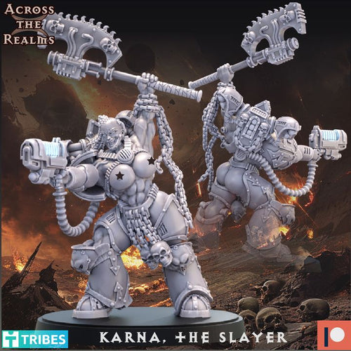 Two warrior figurines with weapons on a dark background with 'Across the Realms' branding.