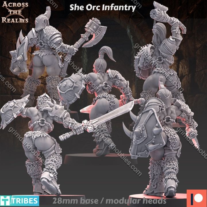 Across the Realms She Orc Infantry – 32mm 3D Printed Resin Miniature Kit / Model Kit