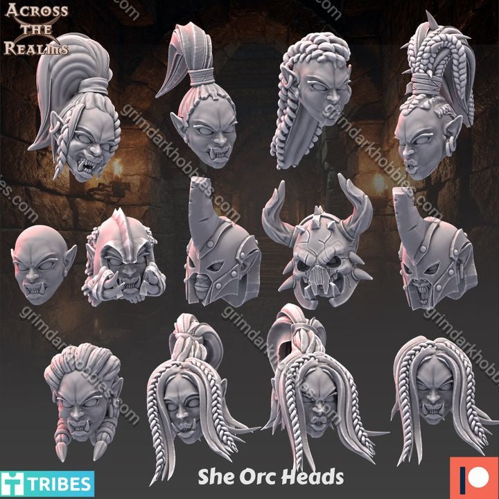 Across the Realms Female Orc Infantry Heads – 32mm 3D Printed Resin Miniature Kit / Model Kit