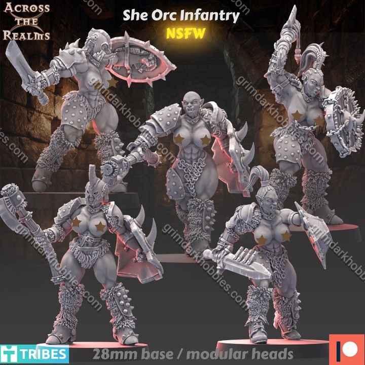 Across the Realms She Orc Infantry – 32mm 3D Printed Resin Miniature Kit / Model Kit