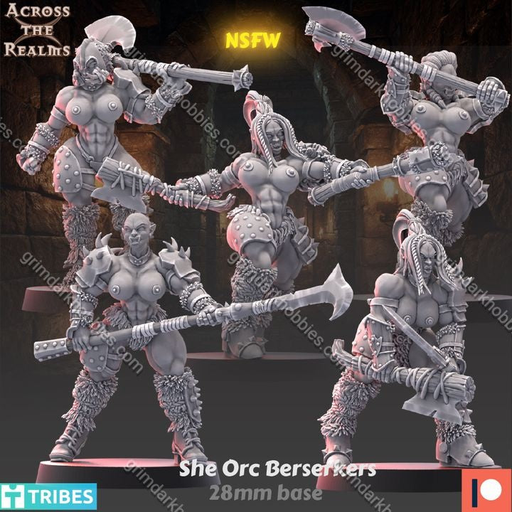 Across the Realms She Orc Beserkers – 32mm 3D Printed Resin Miniature Kit / Model Kit