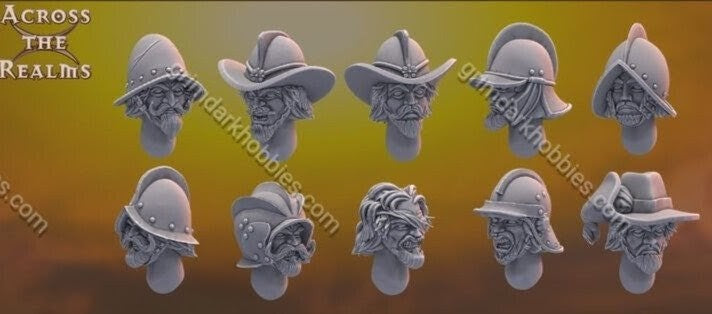 Across the Realms Conquistadores Infantry Heads – 32mm 3D Printed Resin Miniature Kit / Model Kit