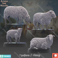 Model sheep figures on stands with a background of people and buildings.