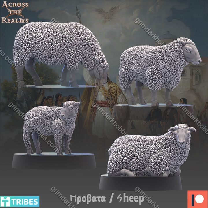 Model sheep figures on stands with a background of people and buildings.
