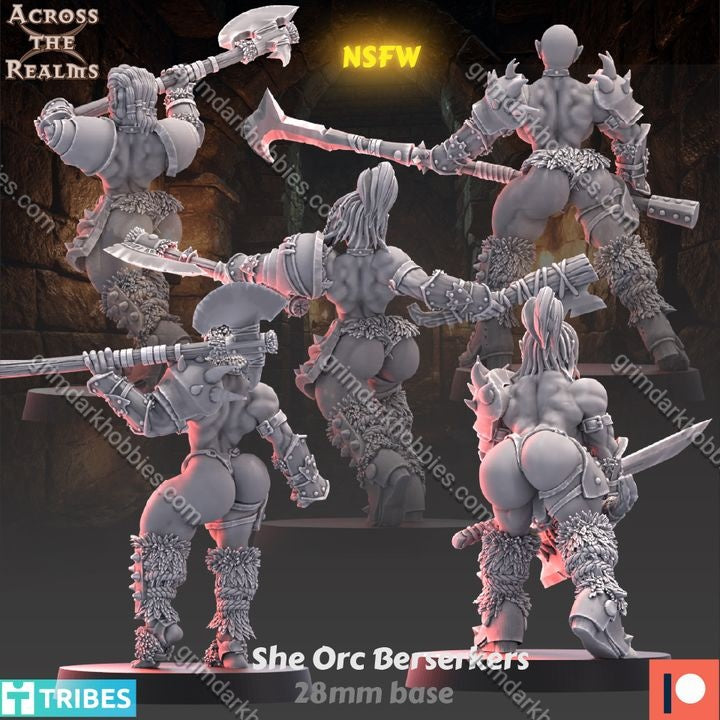 Across the Realms She Orc Beserkers – 32mm 3D Printed Resin Miniature Kit / Model Kit