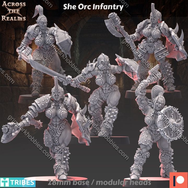 Across the Realms She Orc Infantry – 32mm 3D Printed Resin Miniature Kit / Model Kit