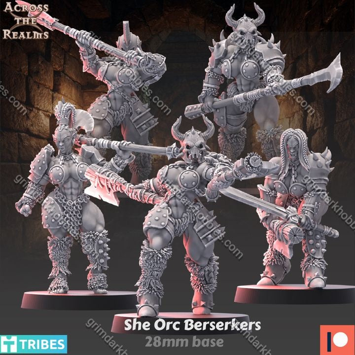 Across the Realms She Orc Beserkers – 32mm 3D Printed Resin Miniature Kit / Model Kit